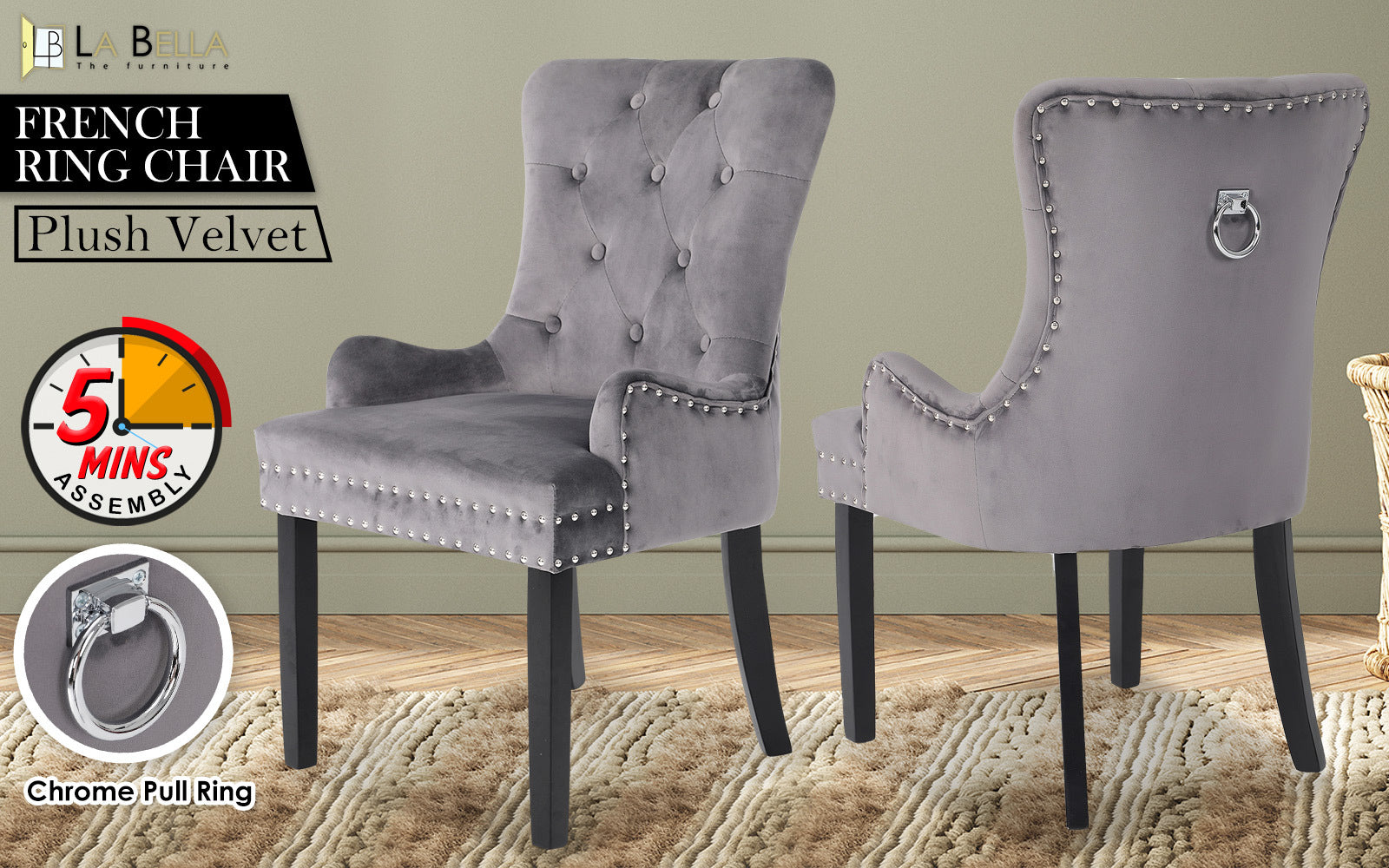 La Bella Grey French Provincial Dining Chair Ring Studded Lisse Velvet Rubberwood Fast shipping On sale