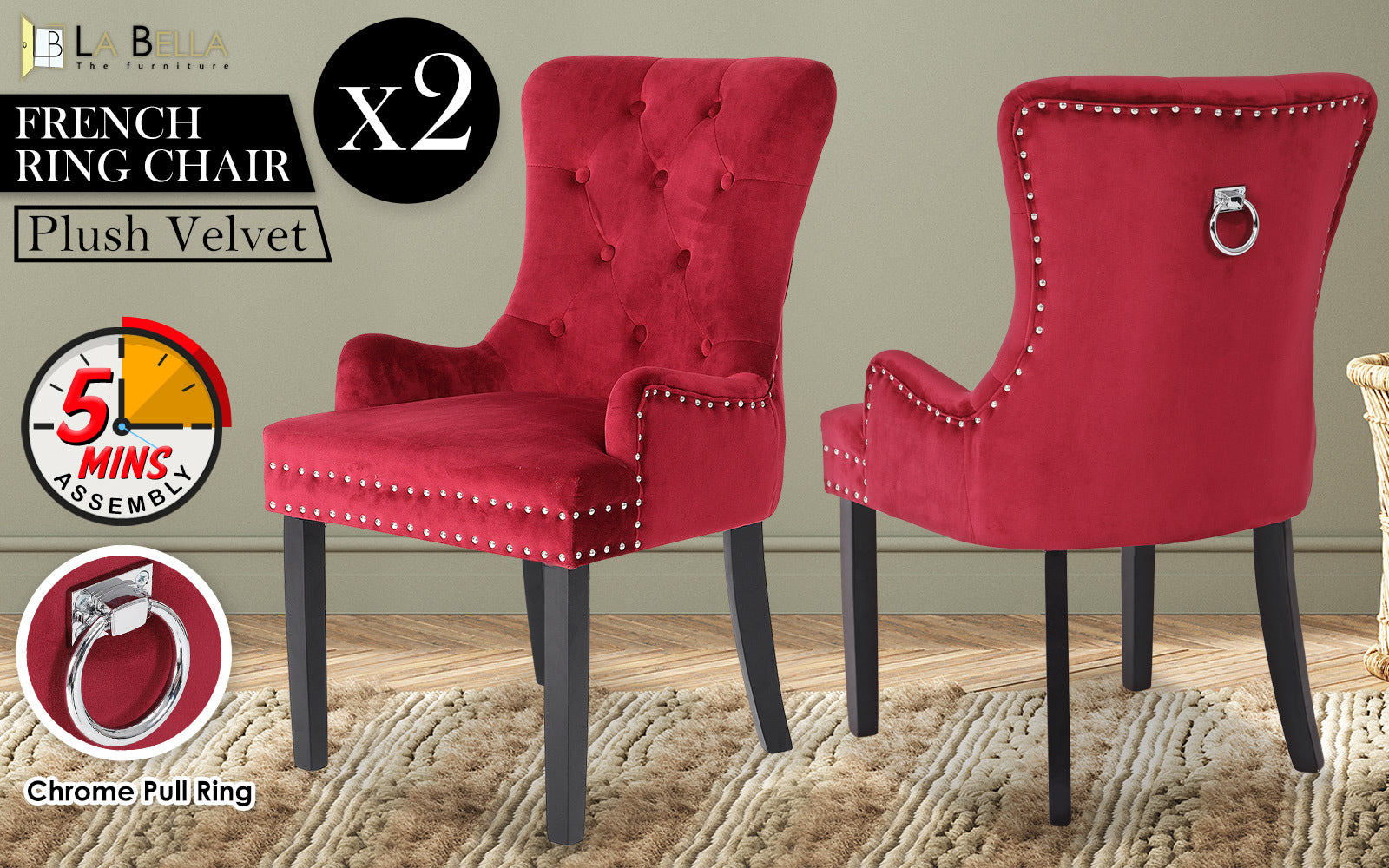 La Bella 2 Set Bordeaux Red French Provincial Dining Chair Ring Studded Lisse Velvet Rubberwood Fast shipping On sale