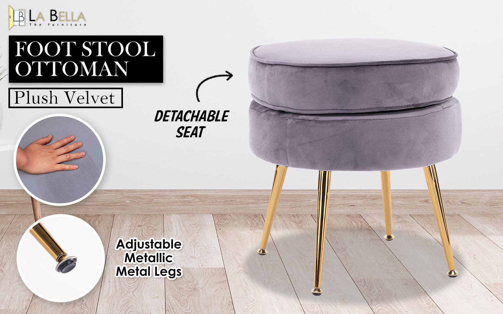 La Bella Grey Round Ottoman Foot Stool Velvet Fabric Metal Leg Fast shipping On sale