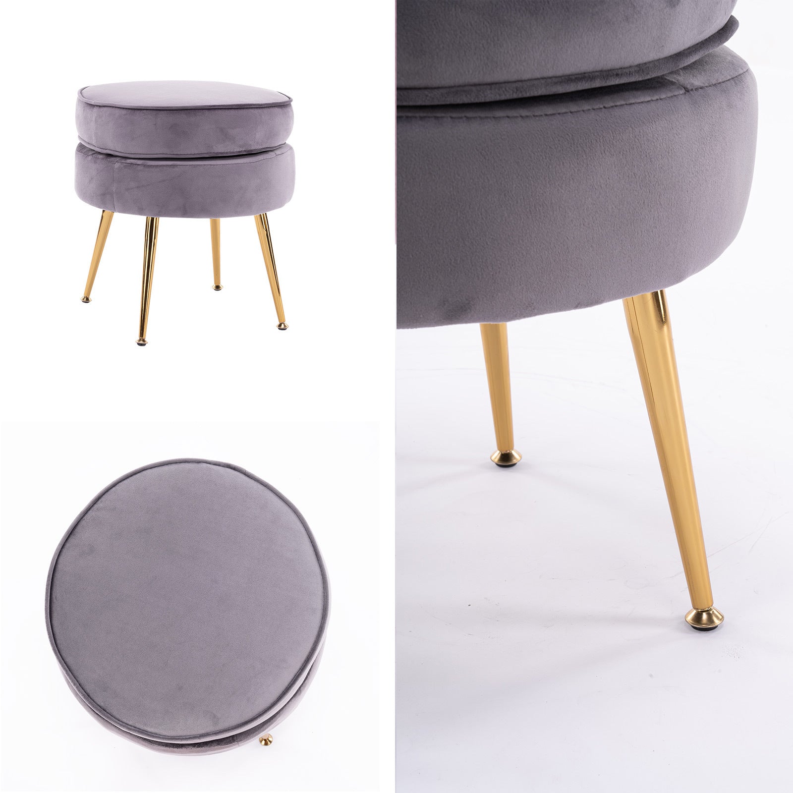 La Bella Grey Round Ottoman Foot Stool Velvet Fabric Metal Leg Fast shipping On sale