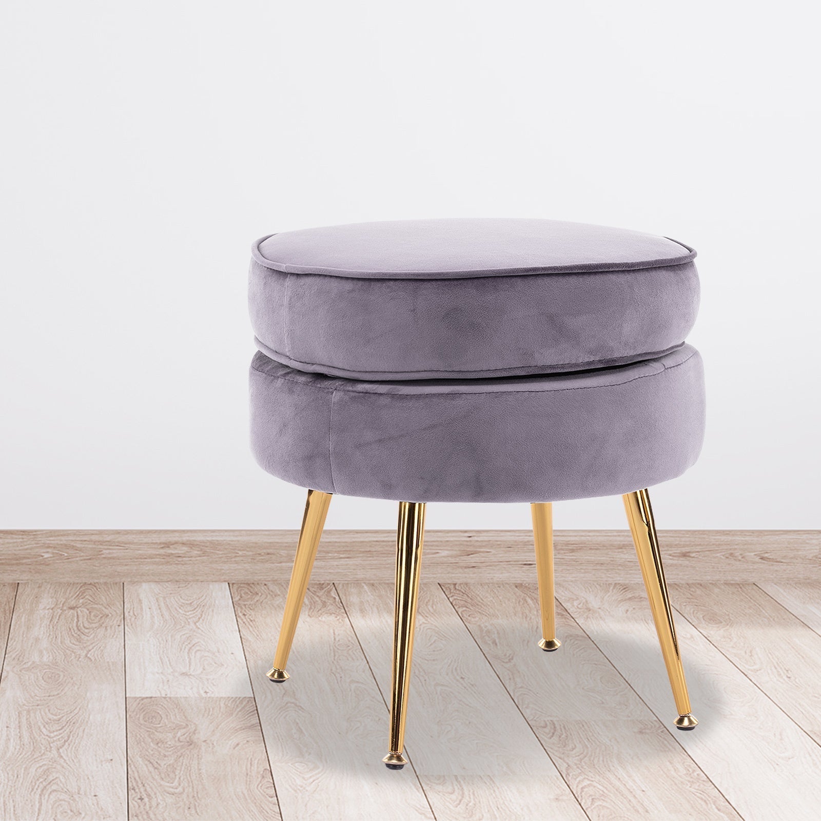 La Bella Grey Round Ottoman Foot Stool Velvet Fabric Metal Leg Fast shipping On sale