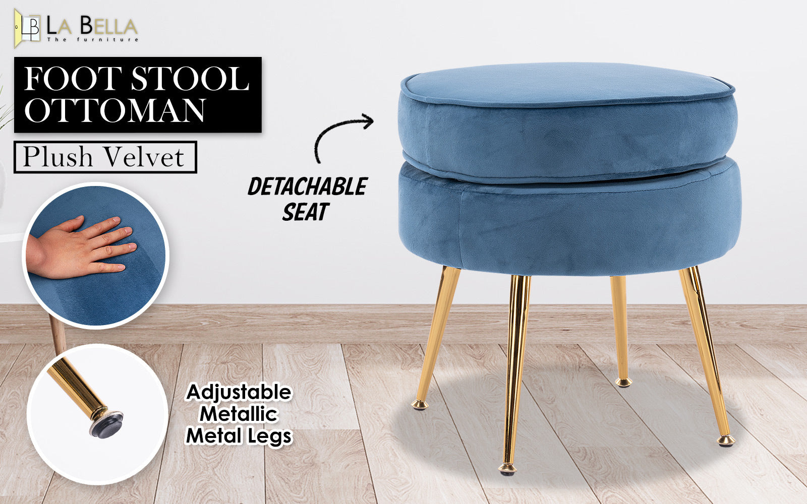 La Bella Navy Blue Round Ottoman Foot Stool Velvet Fabric Metal Leg Fast shipping On sale