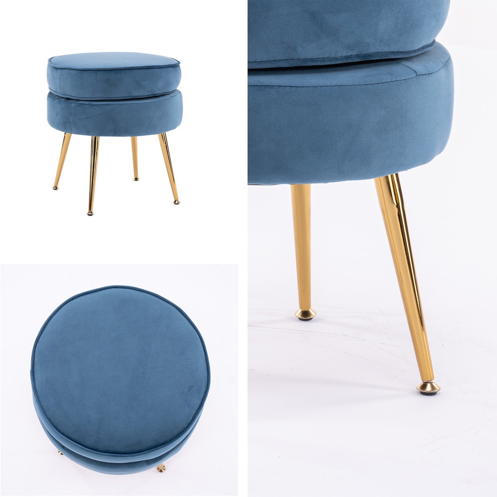 La Bella Navy Blue Round Ottoman Foot Stool Velvet Fabric Metal Leg Fast shipping On sale