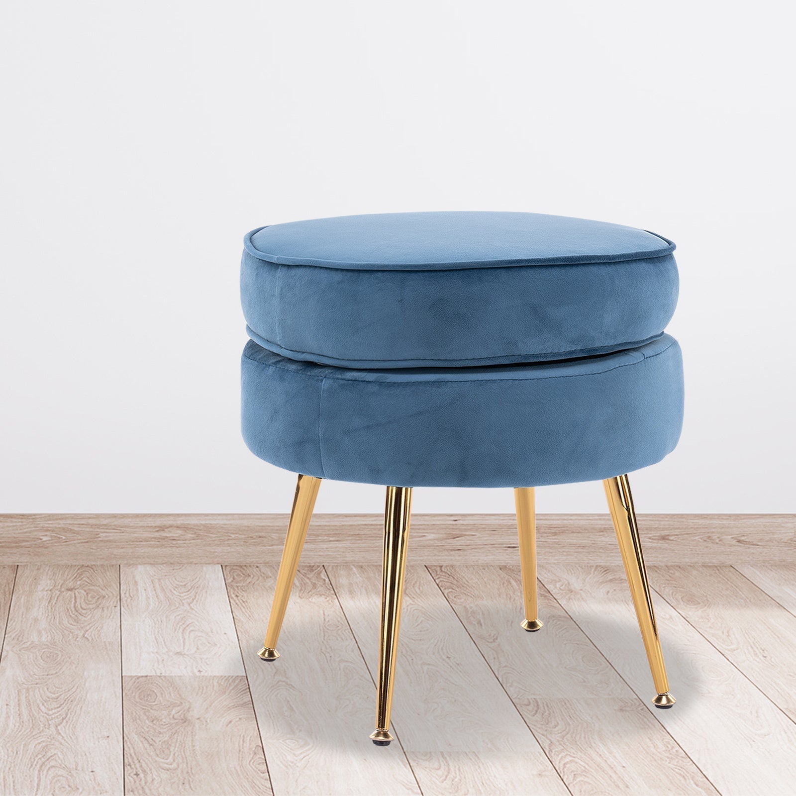 La Bella Navy Blue Round Ottoman Foot Stool Velvet Fabric Metal Leg Fast shipping On sale