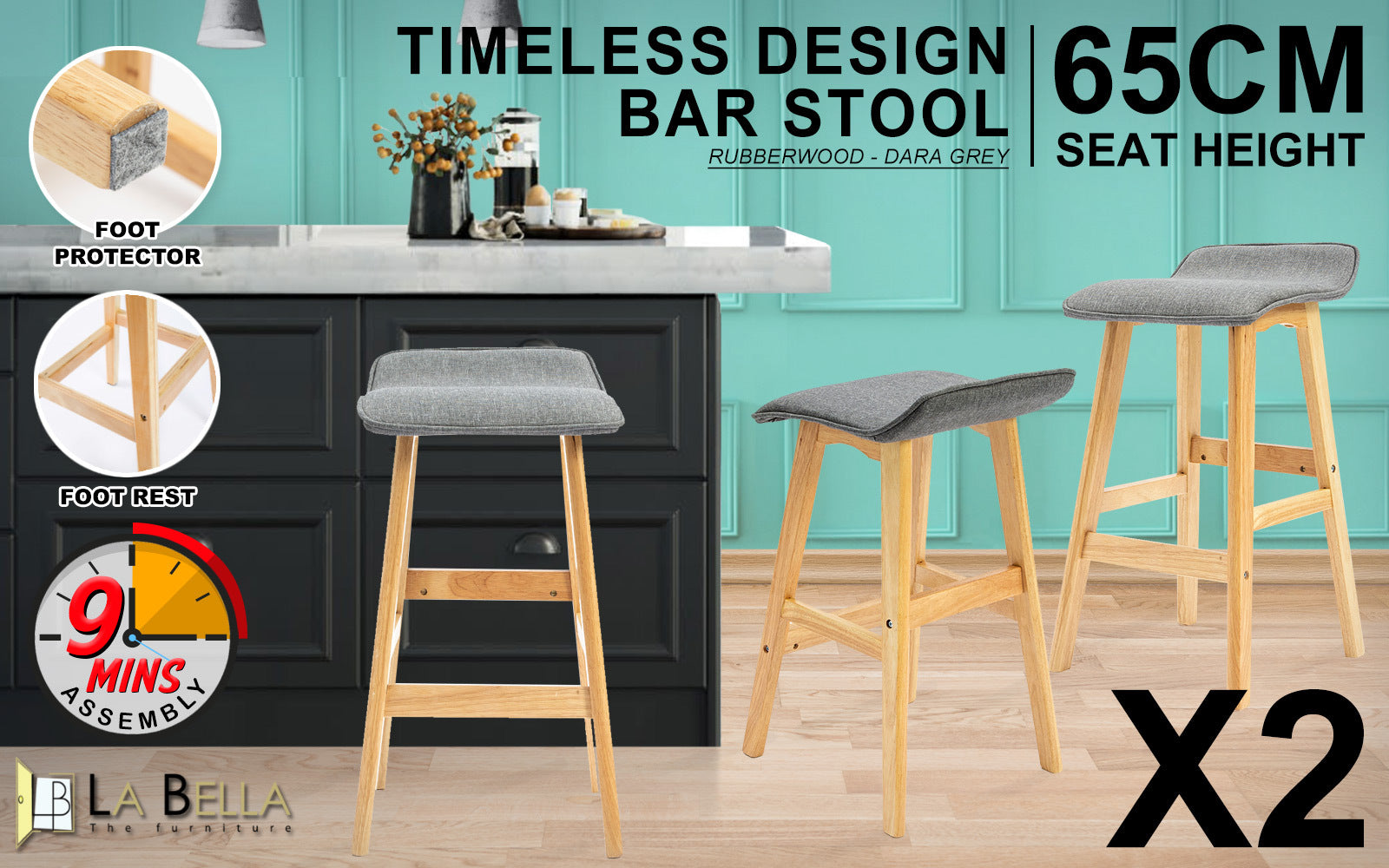 La Bella 2 Set 65cm Grey Wooden Bar Stool DARA Fabric Fast shipping On sale