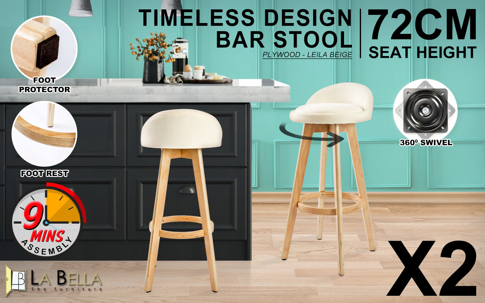 La Bella 2 Set 72cm Beige Wooden Bar Stool Leila Fabric Fast shipping On sale