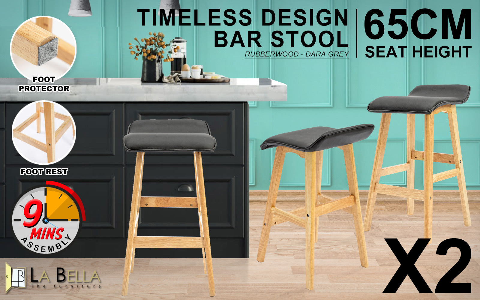 La Bella 2 Set 65cm Black Wooden Bar Stool DARA Leather Fast shipping On sale