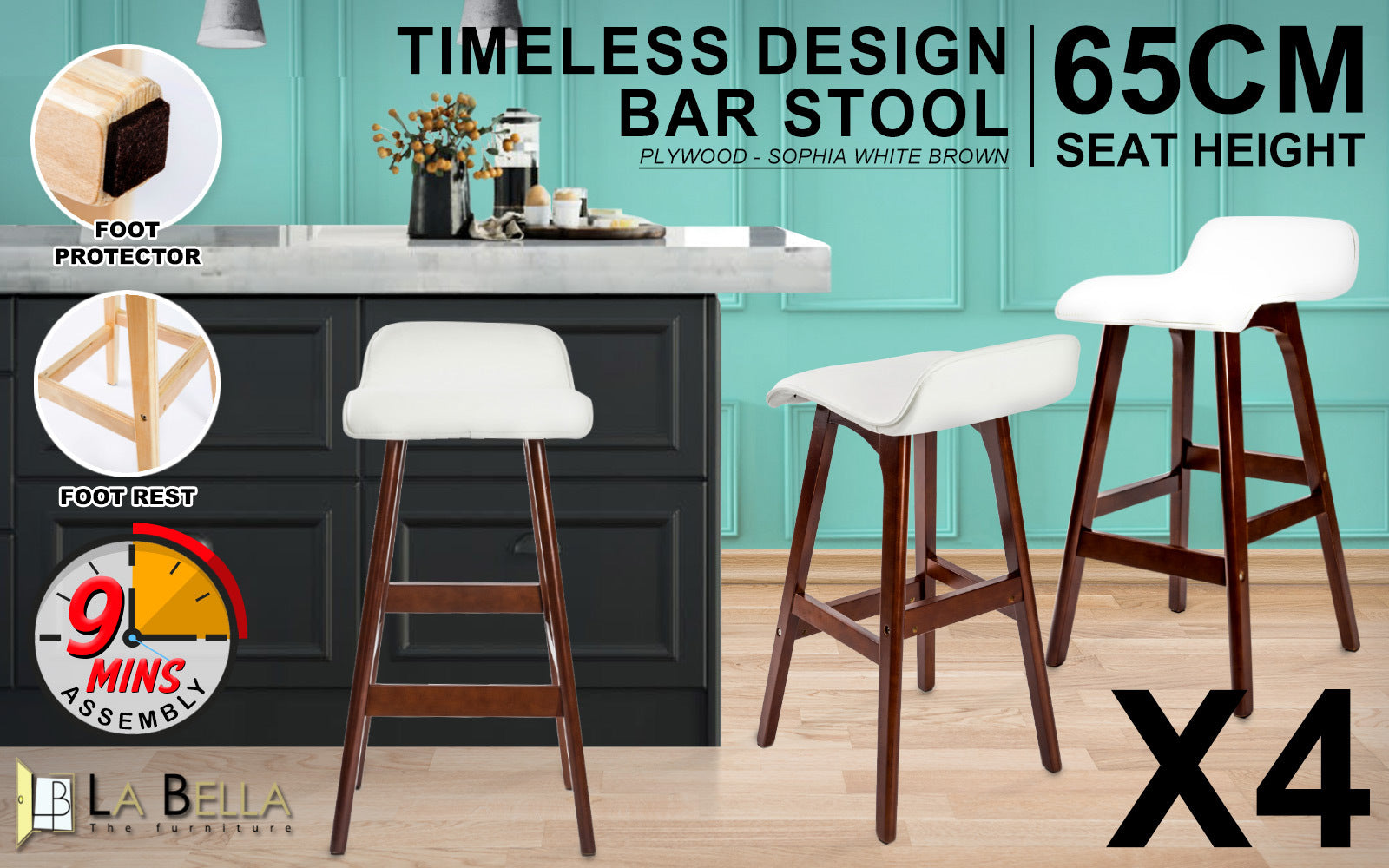 La Bella 4 Set 65cm White Brown Wooden Bar Stool Sophia Leather Fast shipping On sale