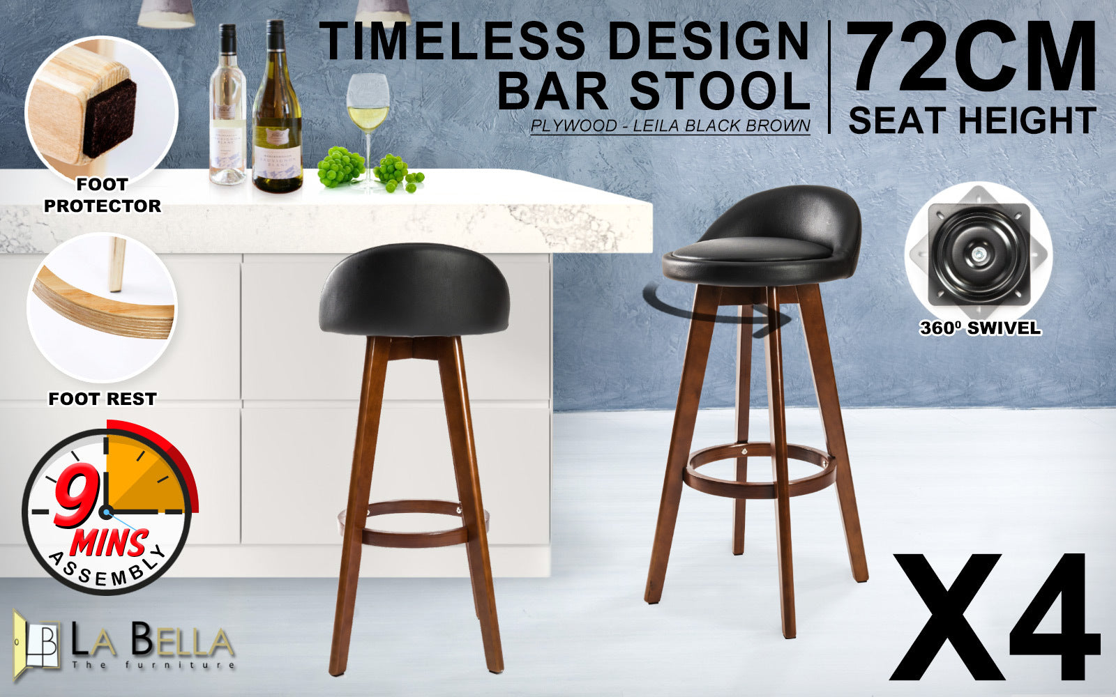 La Bella 4 Set 72cm Black Brown Wooden Bar Stool Leila Leather Fast shipping On sale