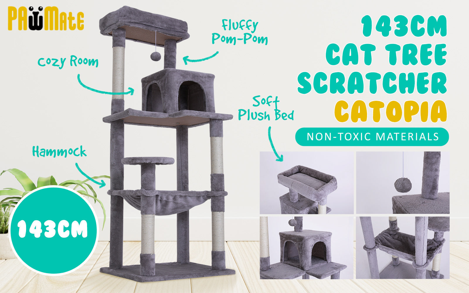 Paw Mate 143cm Grey Cat Tree CATOPIA Sisal Scratching Post Scratcher Pole Condo House Tower
