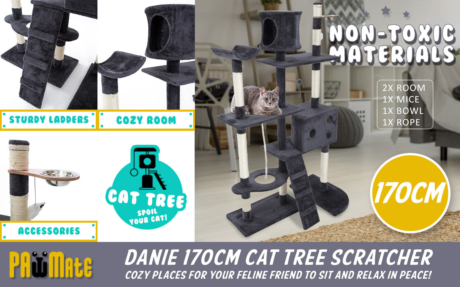 Paw Mate 170cm Grey Cat Tree Danie Multi Level Scratcher Cares Fast shipping On sale