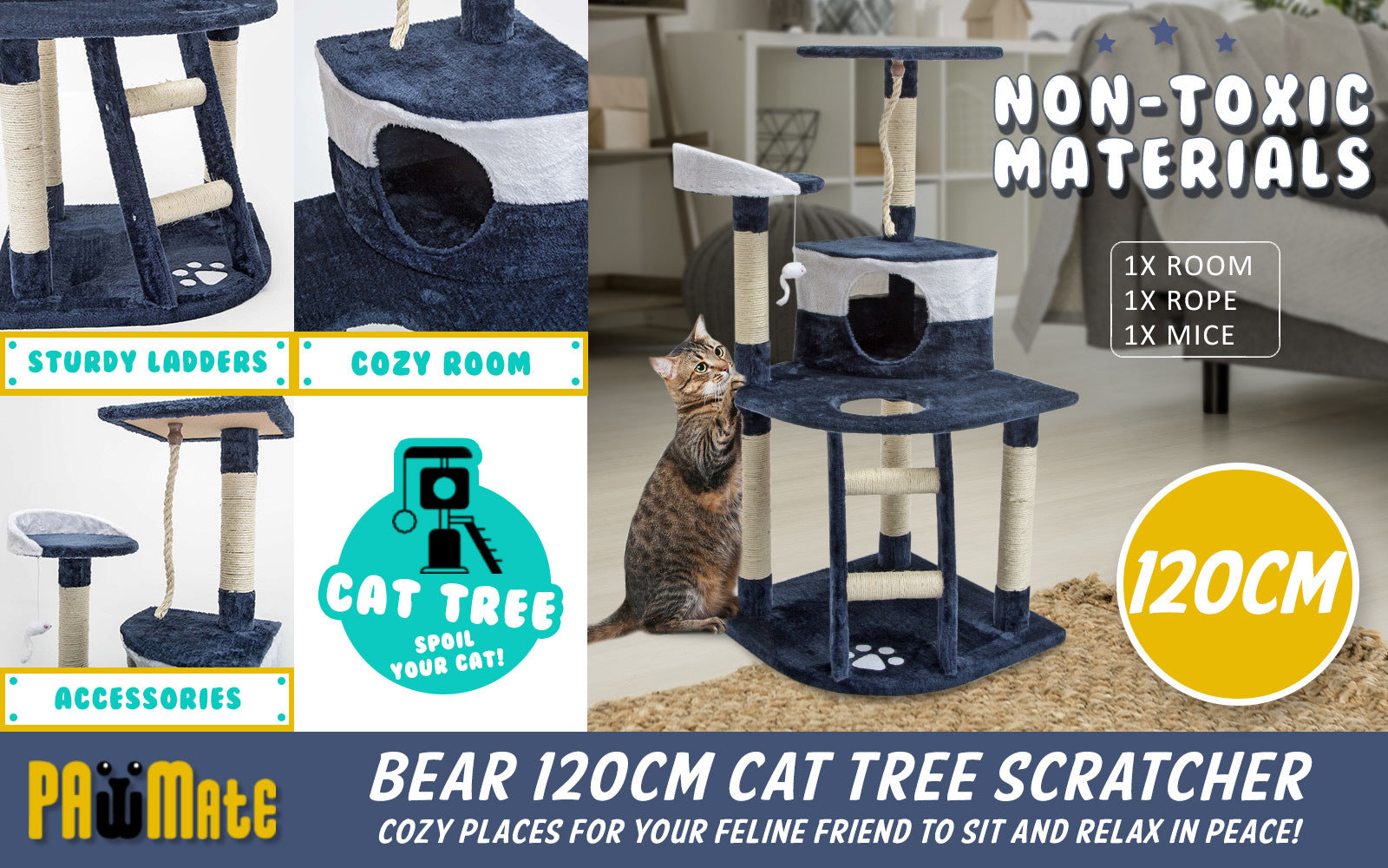 Paw Mate 120cm Blue Cat Tree Bear Multi Level Scratcher Cares Fast shipping On sale