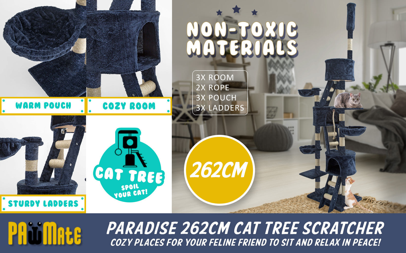 Paw Mate 262cm Blue Cat Tree Paradise Multi Level Scratcher Cares Fast shipping On sale