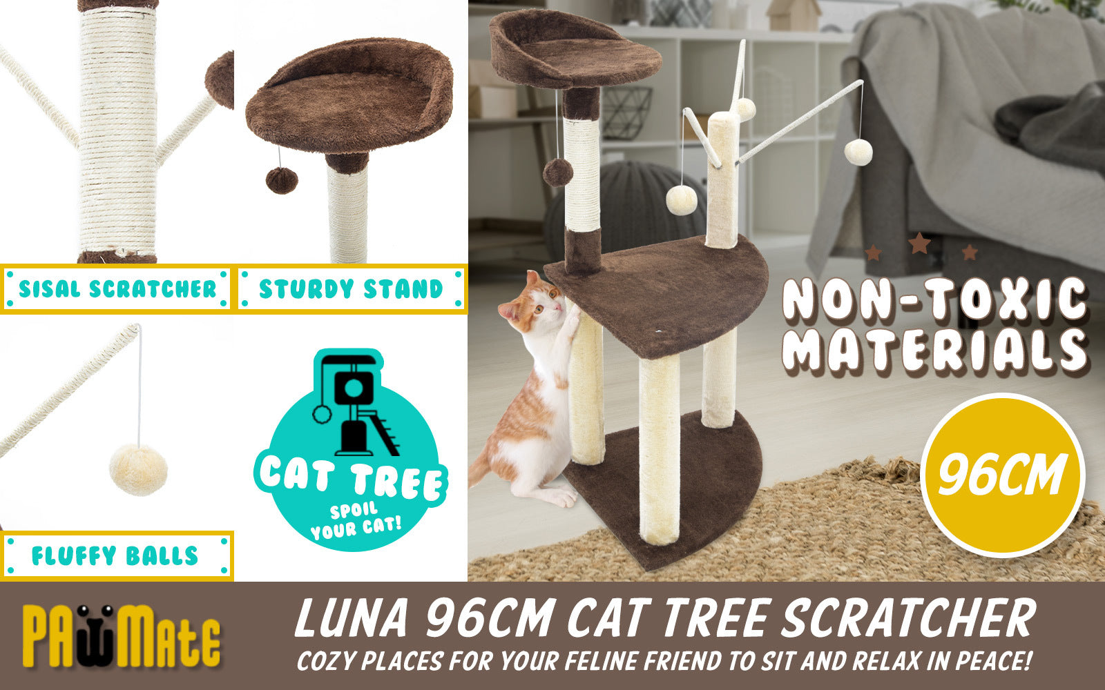 Paw Mate 96cm Brown Cat Tree Luna Multi Level Scratcher Cares Fast shipping On sale