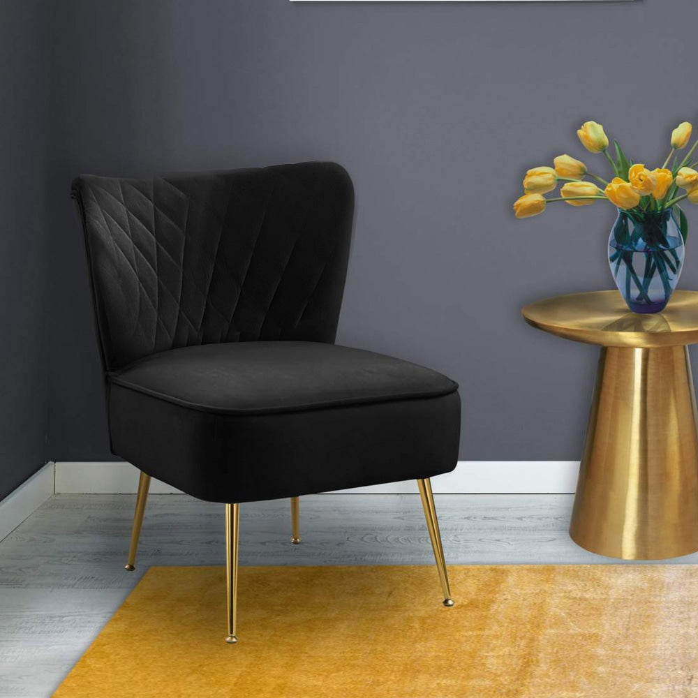 Adele Velvet Fabric Lounge Accent Armchair W/ Gold Legs - Black Chair Fast shipping On sale