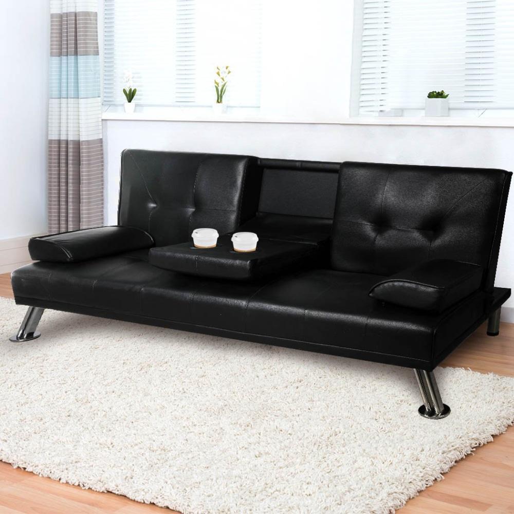 Adjustable 3 Seater PU Leather Sofa Bed Lounge Futon Couch With Cup Holder Black Fast shipping On sale