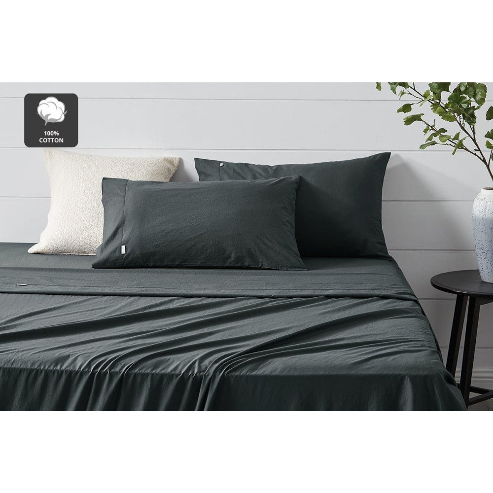 Aesop Stone Wash 100% Cotton Sheet Set - Charcoal Double Bed Fast shipping On sale