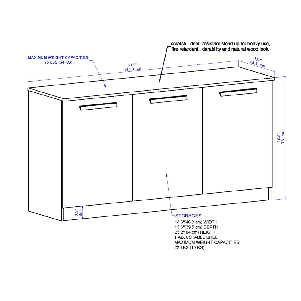 Alice Modern 3-Doors Credenza Office Storage - White Organizer Fast shipping On sale