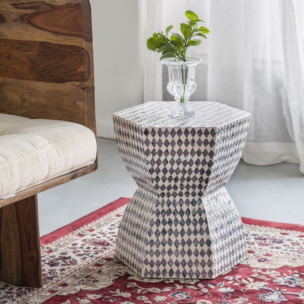 Amara Shell Wooden Geometric Stool Side Table Fast shipping On sale