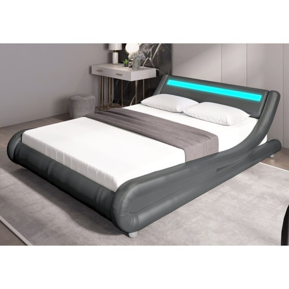 Modern Designer Queen PU Leather Bed Frame With LED Light - Grey Fast shipping On sale