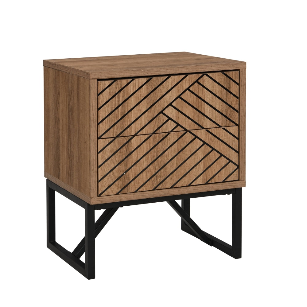 Andrei Bedside Nightstand Table Herringbone Pattern W/ 2-Drawer - Oak/Black Fast shipping On sale