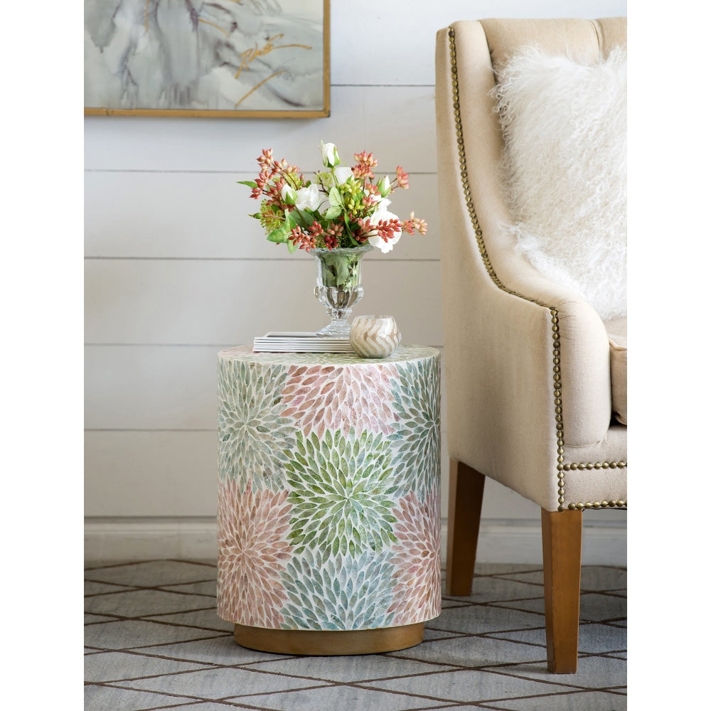 Ariel Multi-Coloured Floral Design Round Wooden Stool Side Table W/ Gold Metallic Base Fast shipping On sale