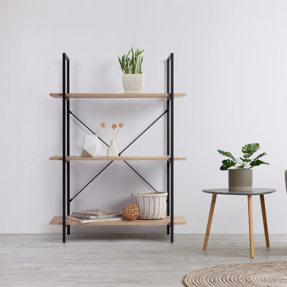 Arwen Wide 3 - Tier Bookcase Display Shelf Storage Unit - Oak/Black Fast shipping On sale