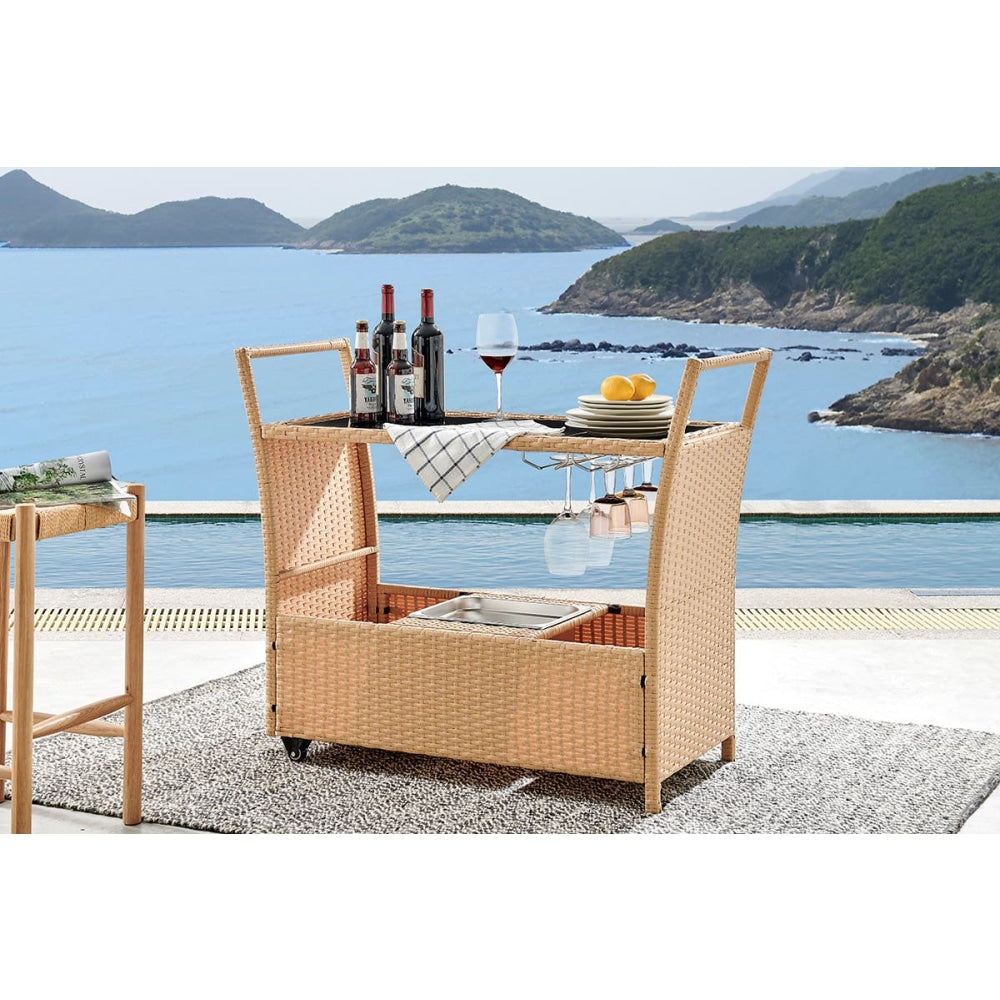 Balmain Outdoor Furniture Bar Cart Table Trolley W/ Ice Bucket- Natural Fast shipping On sale