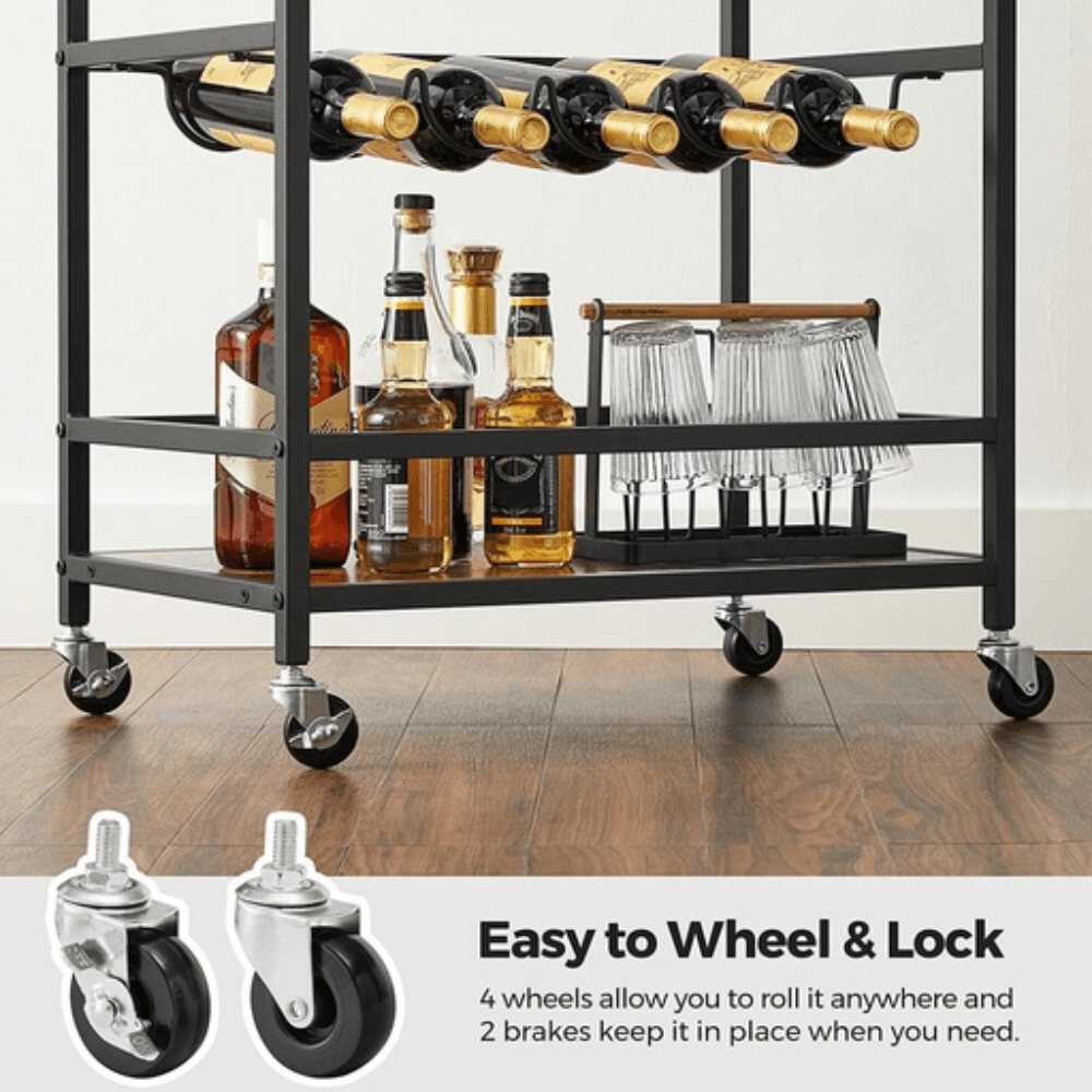 Bar Cart with Wheels and Wine Bottle Holders Trolley Shelf Rustic Brown Kitchen Island Fast shipping On sale