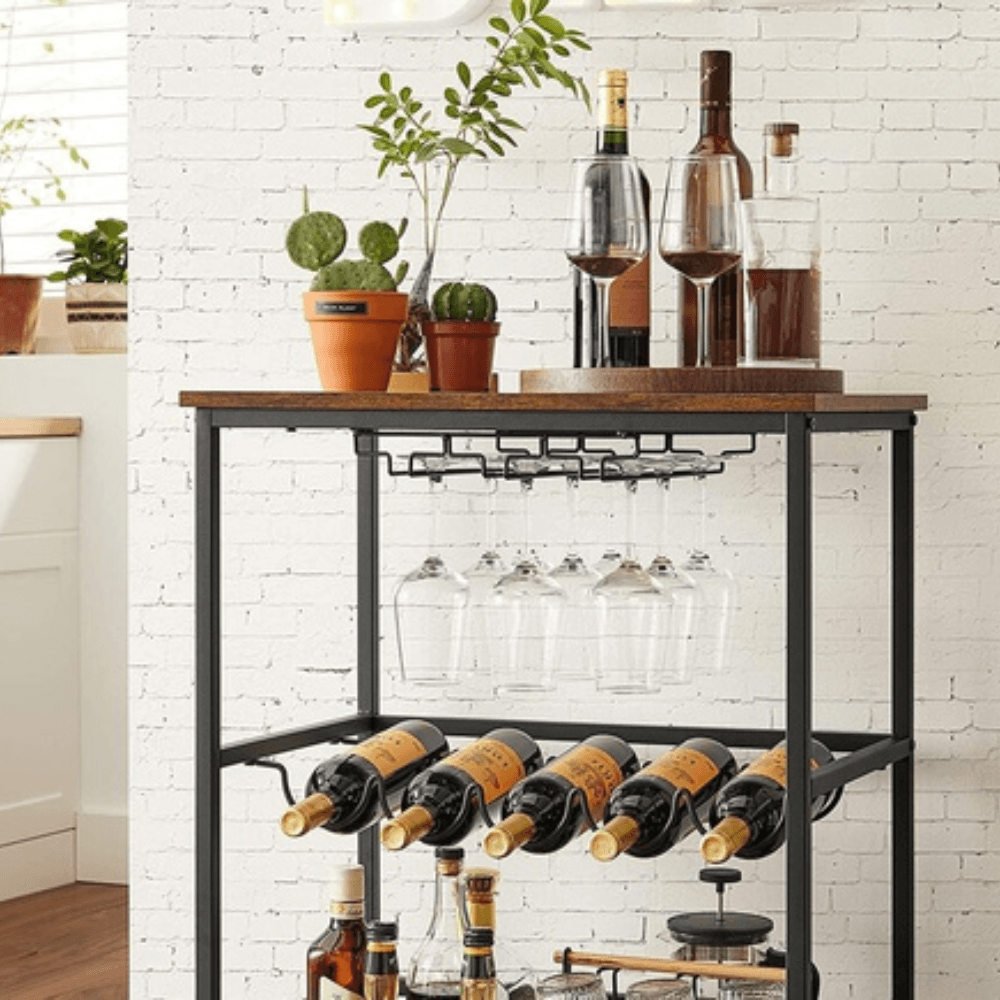 Bar Cart with Wheels and Wine Bottle Holders Trolley Shelf Rustic Brown Kitchen Island Fast shipping On sale
