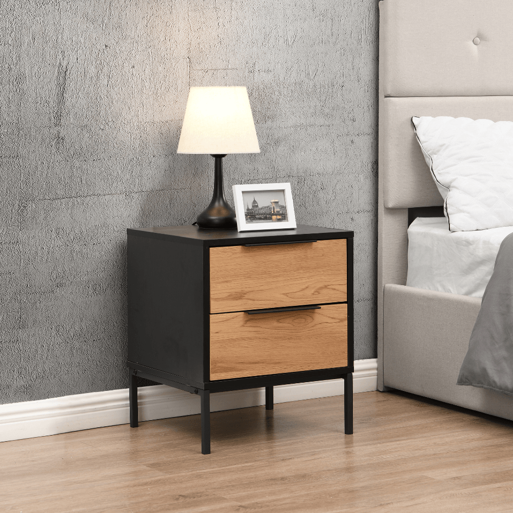 Barbara Modern Scandinavian Nightstand Bedside Table W/ 2 Drawers - Black/Oak Fast shipping On sale