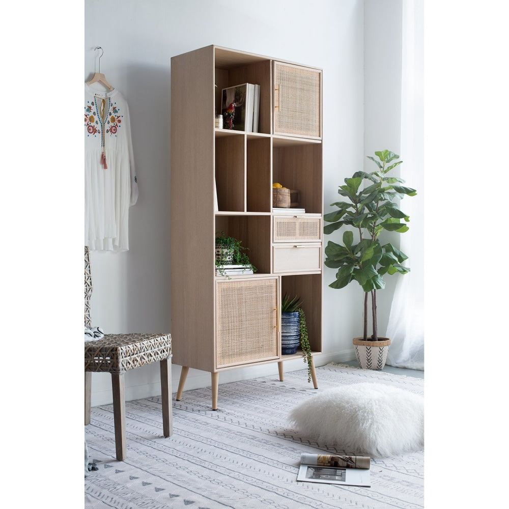 Berna Pine & Rattan 4 - Tier Bookcase Storage Display Cabinet - Natural Fast shipping On sale