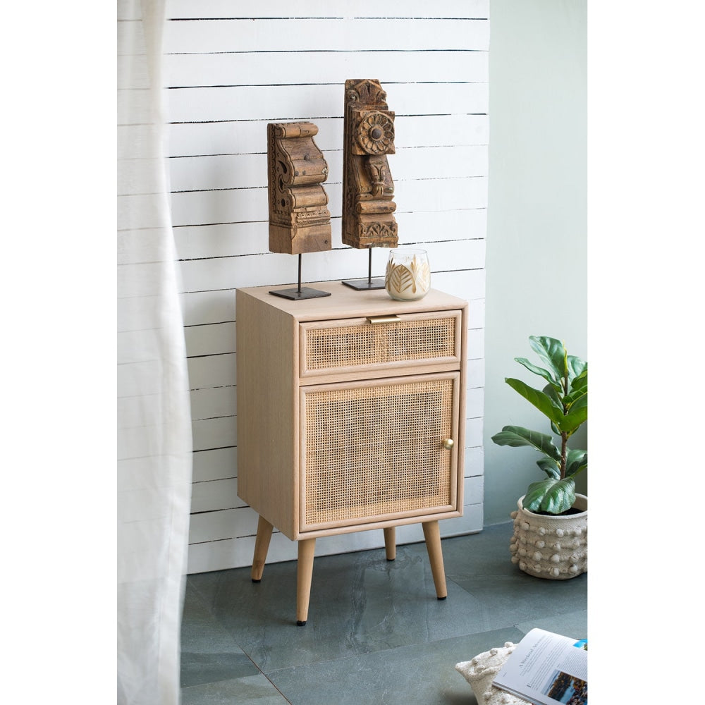 Berna Pine & Rattan Mini Cupboard NightStand Bedside Side Table - Natural Fast shipping On sale