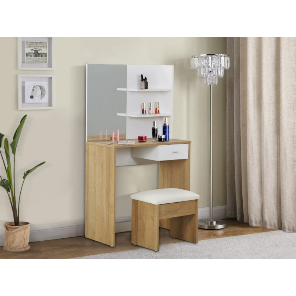 Modern Wooden Mirrored Dressing Table W/ Stool - Oak & White Fast shipping On sale