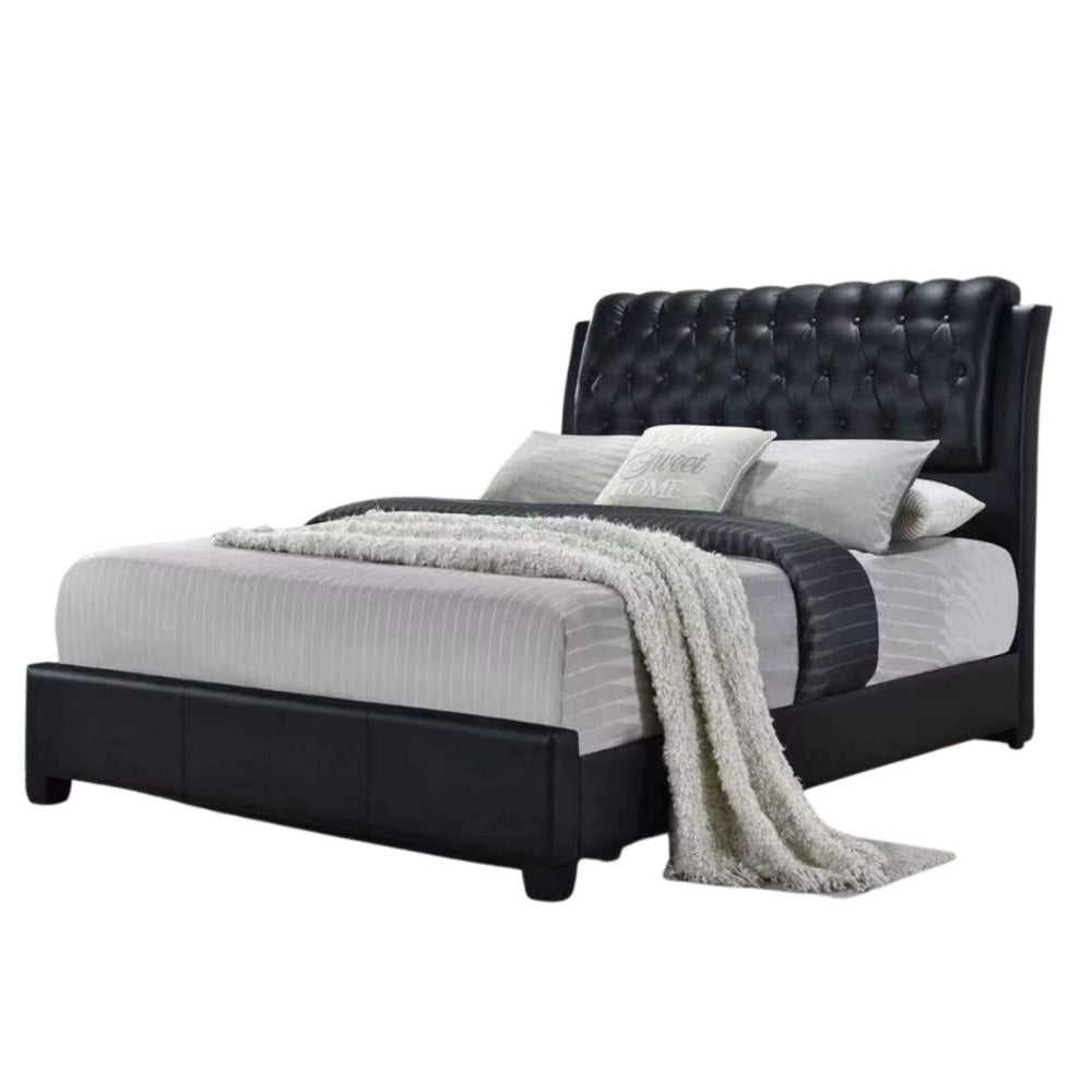 Designer Modern Faux Leather Bed Frame W/ Tufted Headboard Double Size - Black Fast shipping On sale
