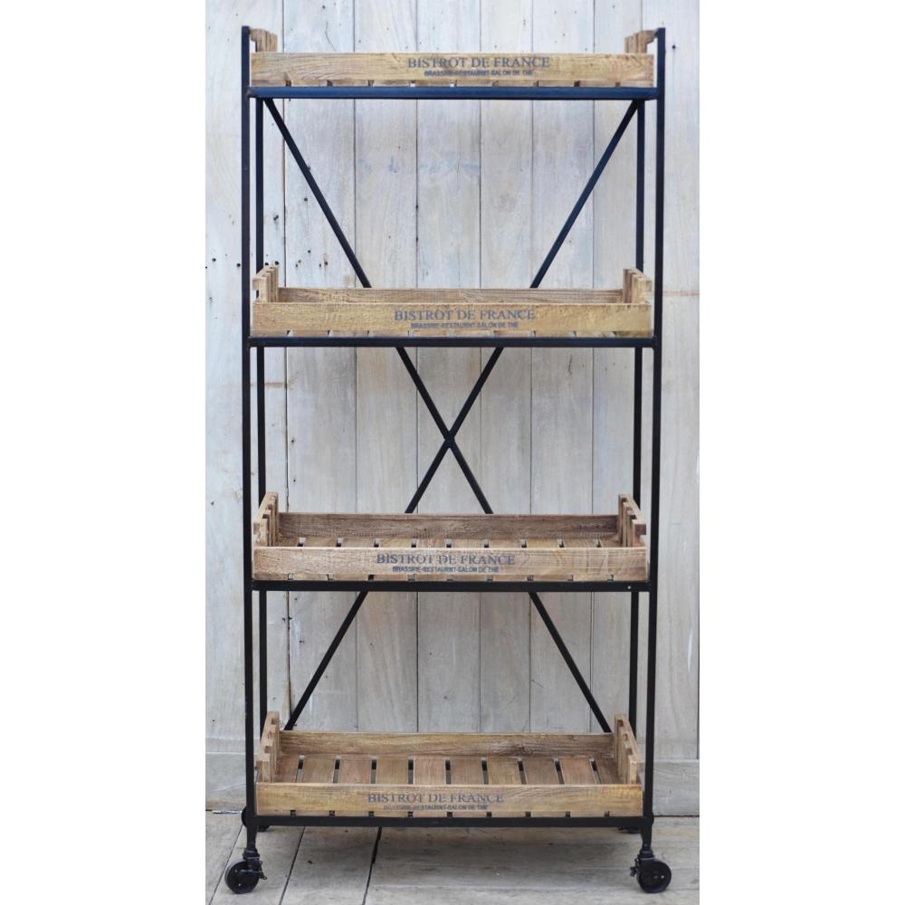 Bistrot De France Industrial Rustic 4-Tier Movable Bookcase On Wheels Fast shipping sale