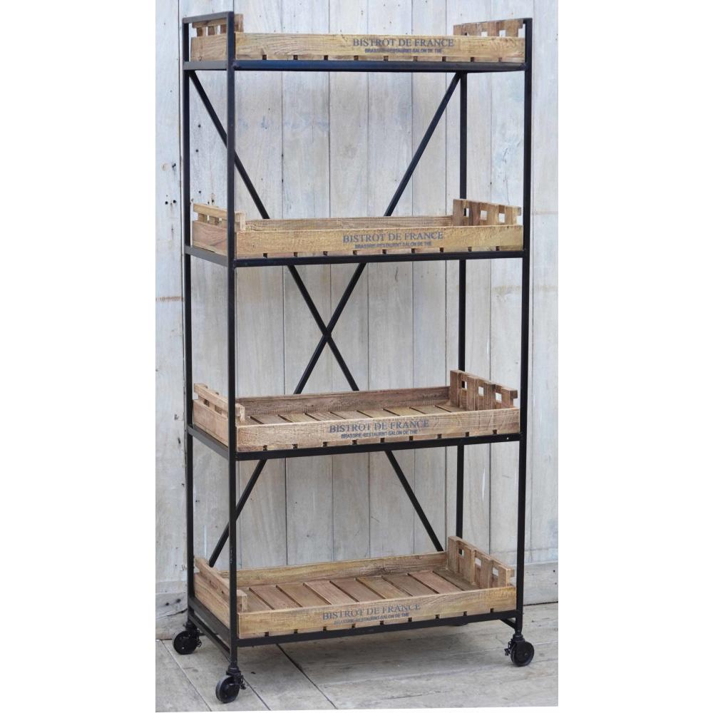 Bistrot De France Industrial Rustic 4-Tier Movable Bookcase On Wheels Fast shipping sale