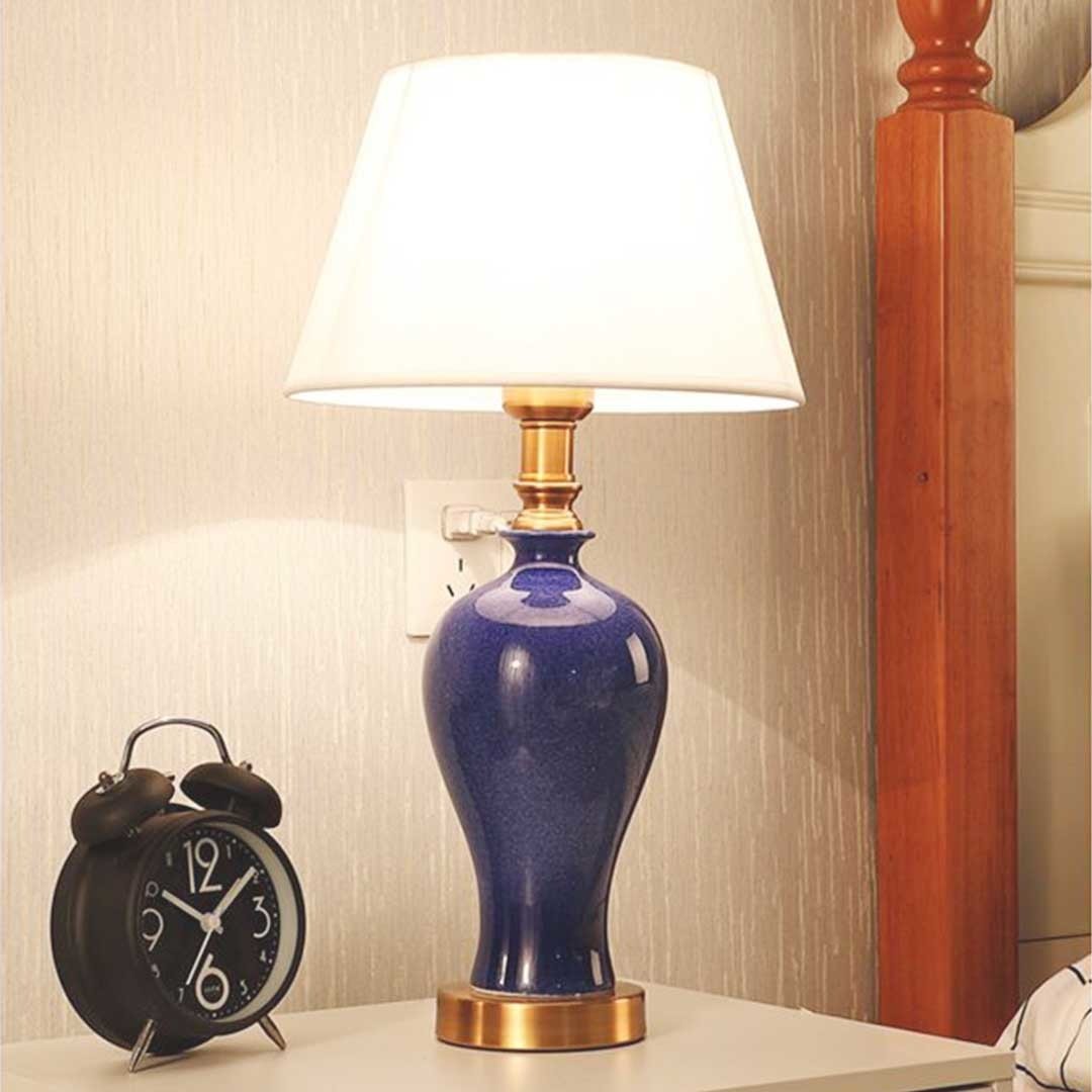Blue Ceramic Oval Table Lamp with Gold Metal Base Fast shipping On sale
