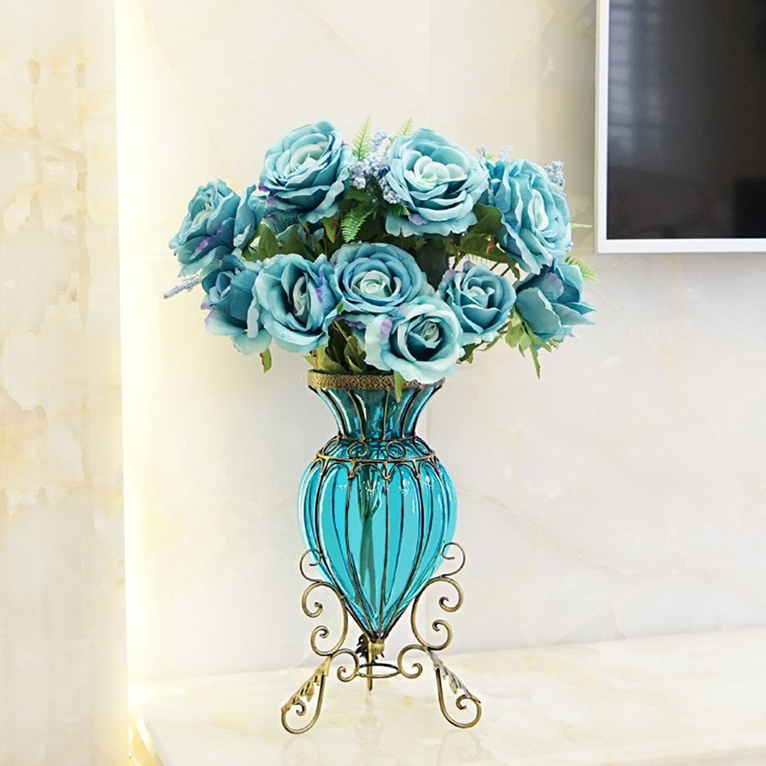 Blue Colored European Glass Floor Home Decor Flower Vase with Metal Stand Vases Fast shipping On sale