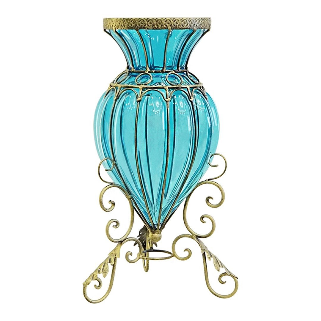 Blue Colored European Glass Floor Home Decor Flower Vase with Metal Stand Vases Fast shipping On sale