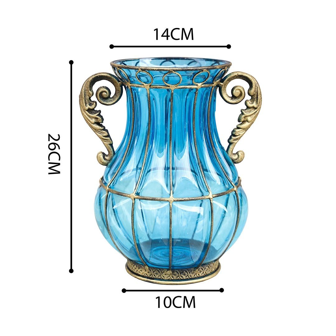 Blue Colored European Glass Home Decor Flower Vase with Two Metal Handle Vases Fast shipping On sale