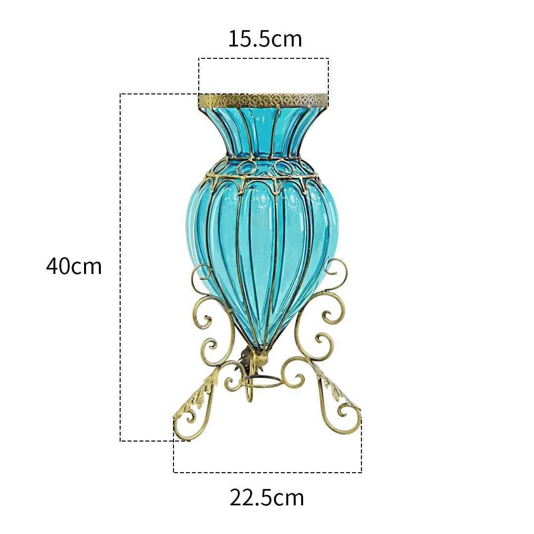 Blue Colored Glass Floor Flower Vase 8 Bunch 5 Heads Artificial Fake Silk Rose Home Decor Set Vases Fast shipping On sale