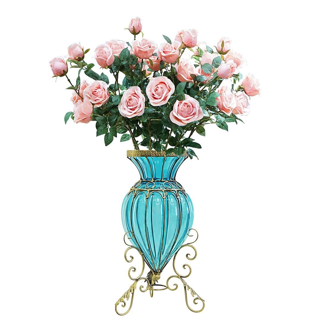 Blue Colored Glass Floor Flower Vase 8 Bunch 5 Heads Artificial Fake Silk Rose Home Decor Set Vases Fast shipping On sale