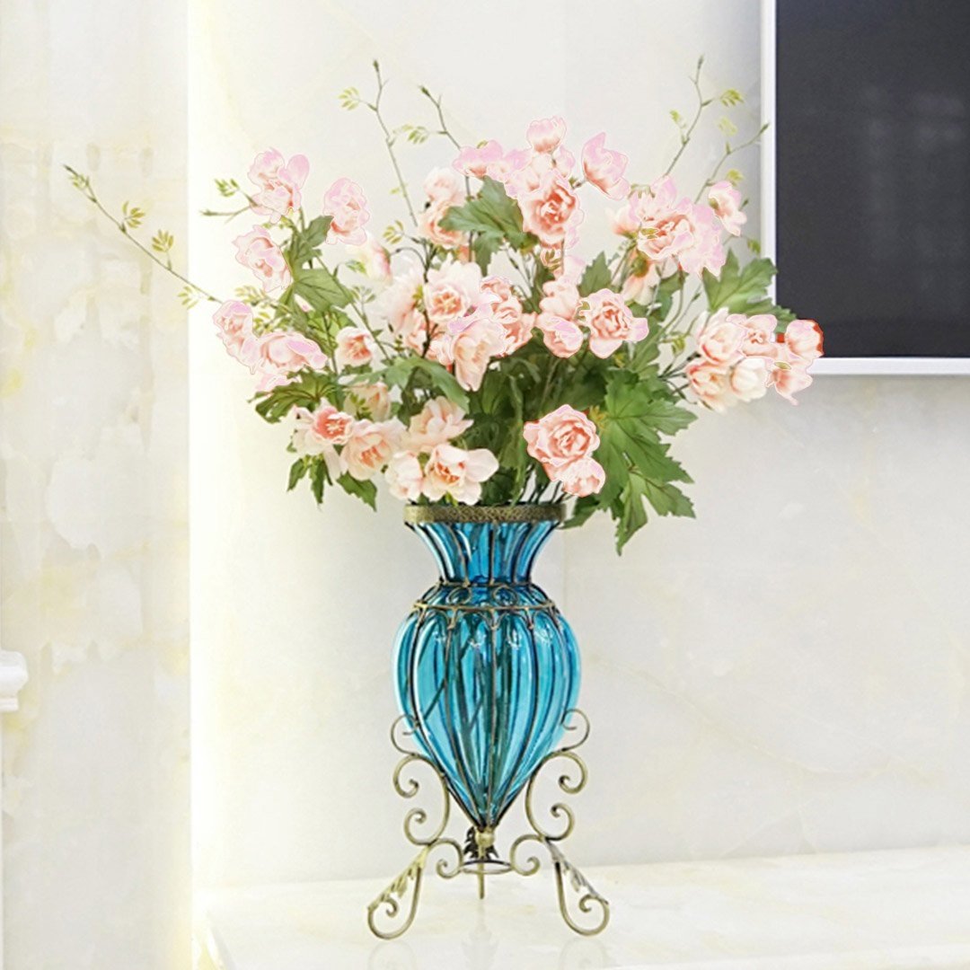 Blue Colored Glass Floor Flower Vase with 8 Bunch 3 Heads Artificial Fake Silk Hibiscus Home Decor Set Vases Fast shipping On sale