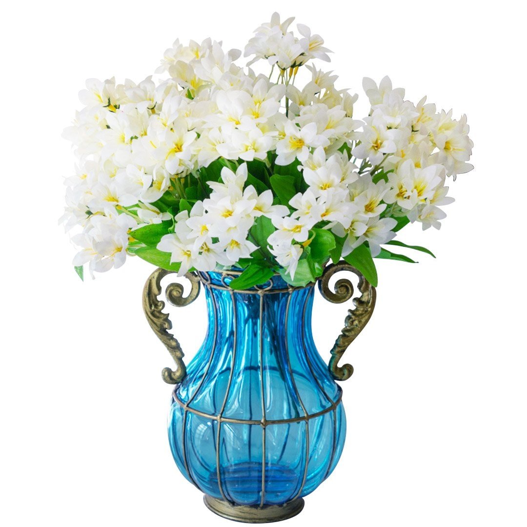 Blue Colored Glass Flower Vase with 10 Bunch 6 Heads Artificial Fake Silk Lilium nanum Home Decor Set Vases Fast shipping On sale