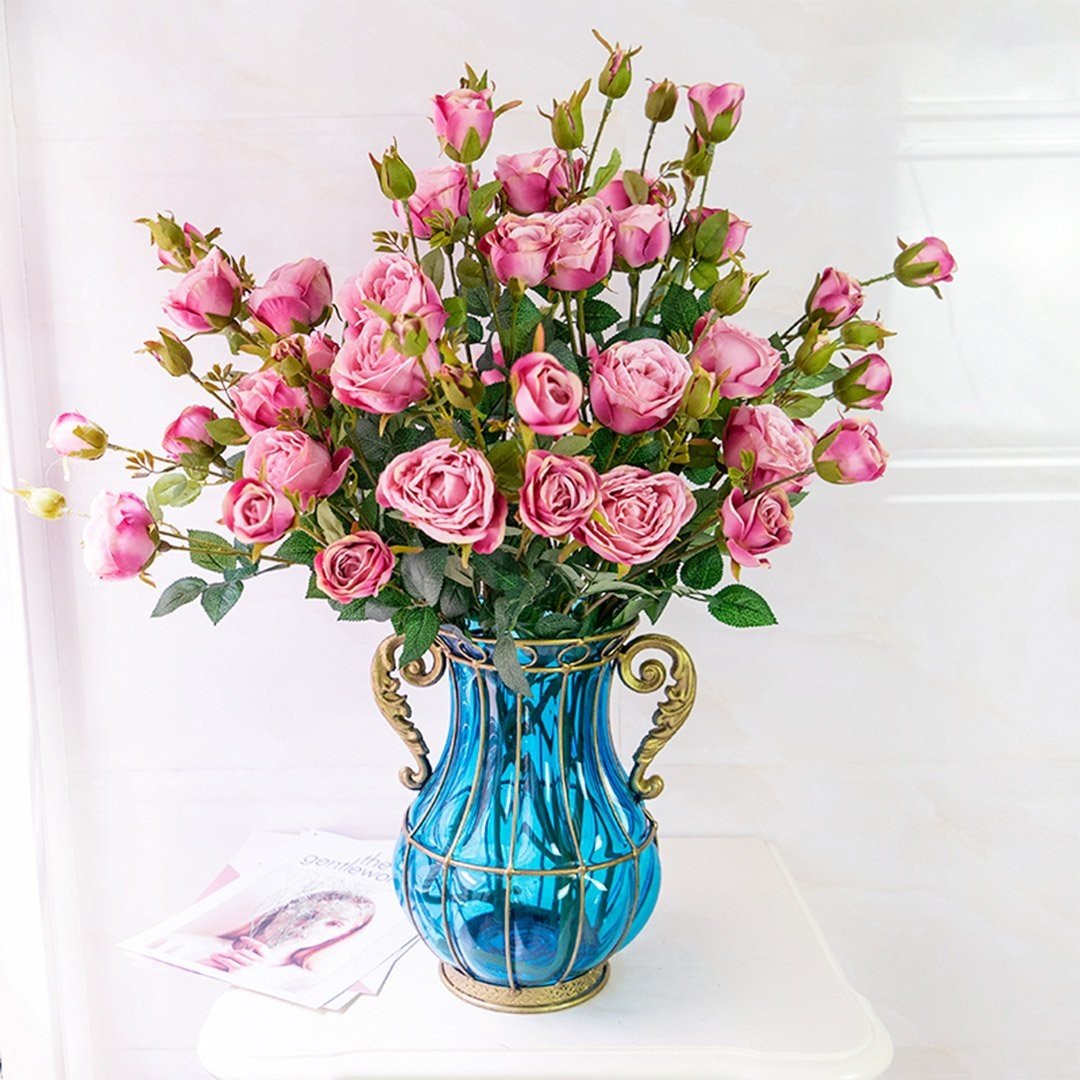 Blue Colored Glass Flower Vase with 10 Bunch 6 Heads Artificial Fake Silk Rose Home Decor Set Vases Fast shipping On sale