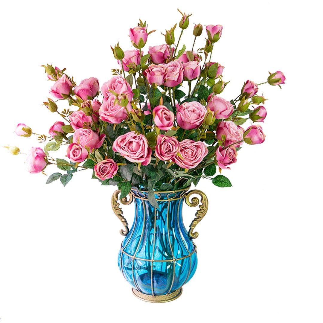 Blue Colored Glass Flower Vase with 10 Bunch 6 Heads Artificial Fake Silk Rose Home Decor Set Vases Fast shipping On sale