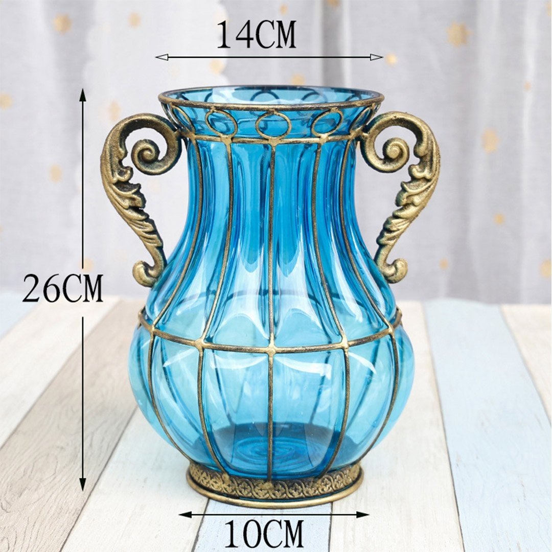 Blue Colored Glass Flower Vase with 8 Bunch 3 Heads Artificial Fake Silk Hibiscus Home Decor Set Vases Fast shipping On sale