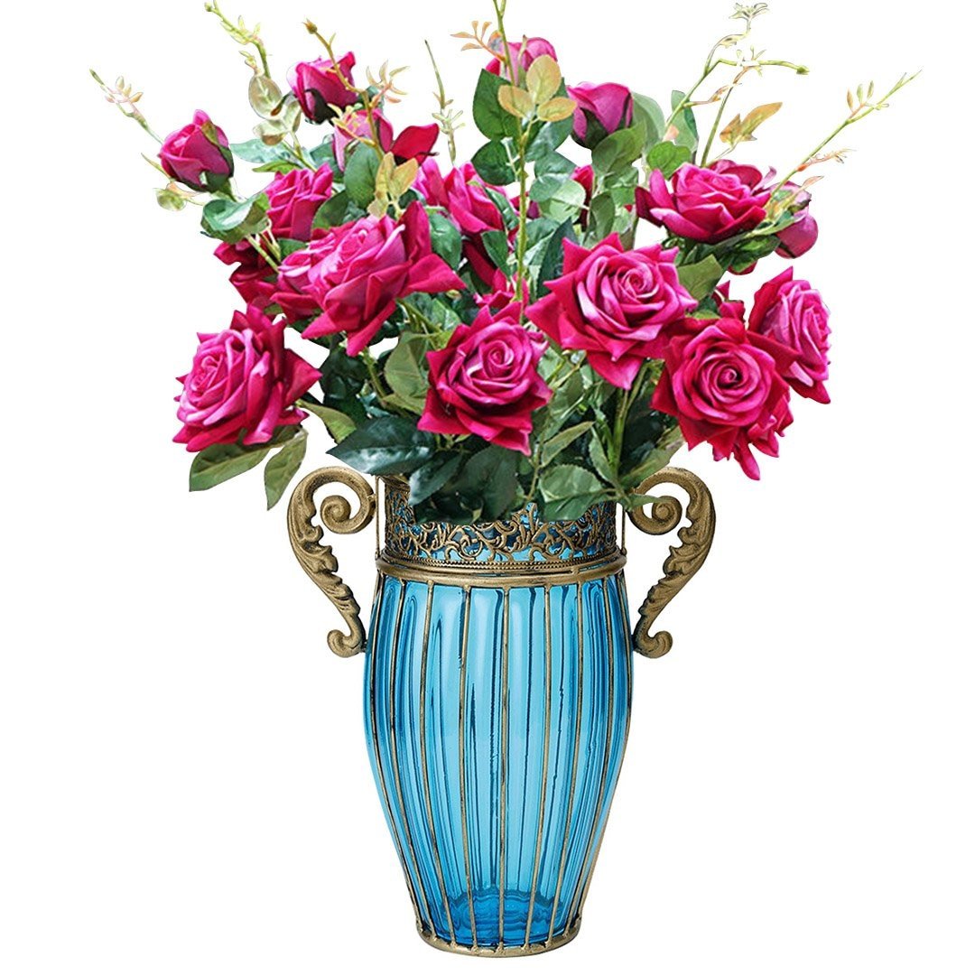 Blue Colored Glass Flower Vase with 8 Bunch 5 Heads Artificial Fake Silk Rose Home Decor Set Vases Fast shipping On sale