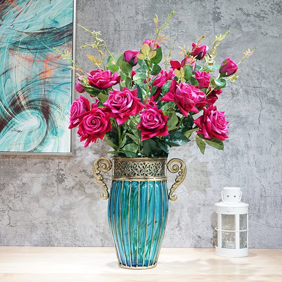 Blue Colored Glass Flower Vase with 8 Bunch 5 Heads Artificial Fake Silk Rose Home Decor Set Vases Fast shipping On sale